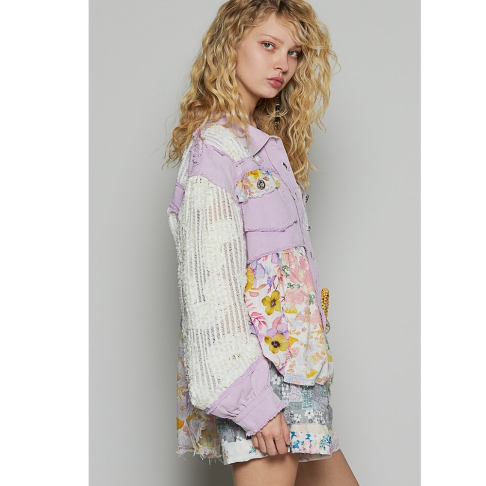 134. NWOT POL Lilac Floral Patchwork Jacket with Cream Mesh and Lace Sleeves - Picture 2 of 3